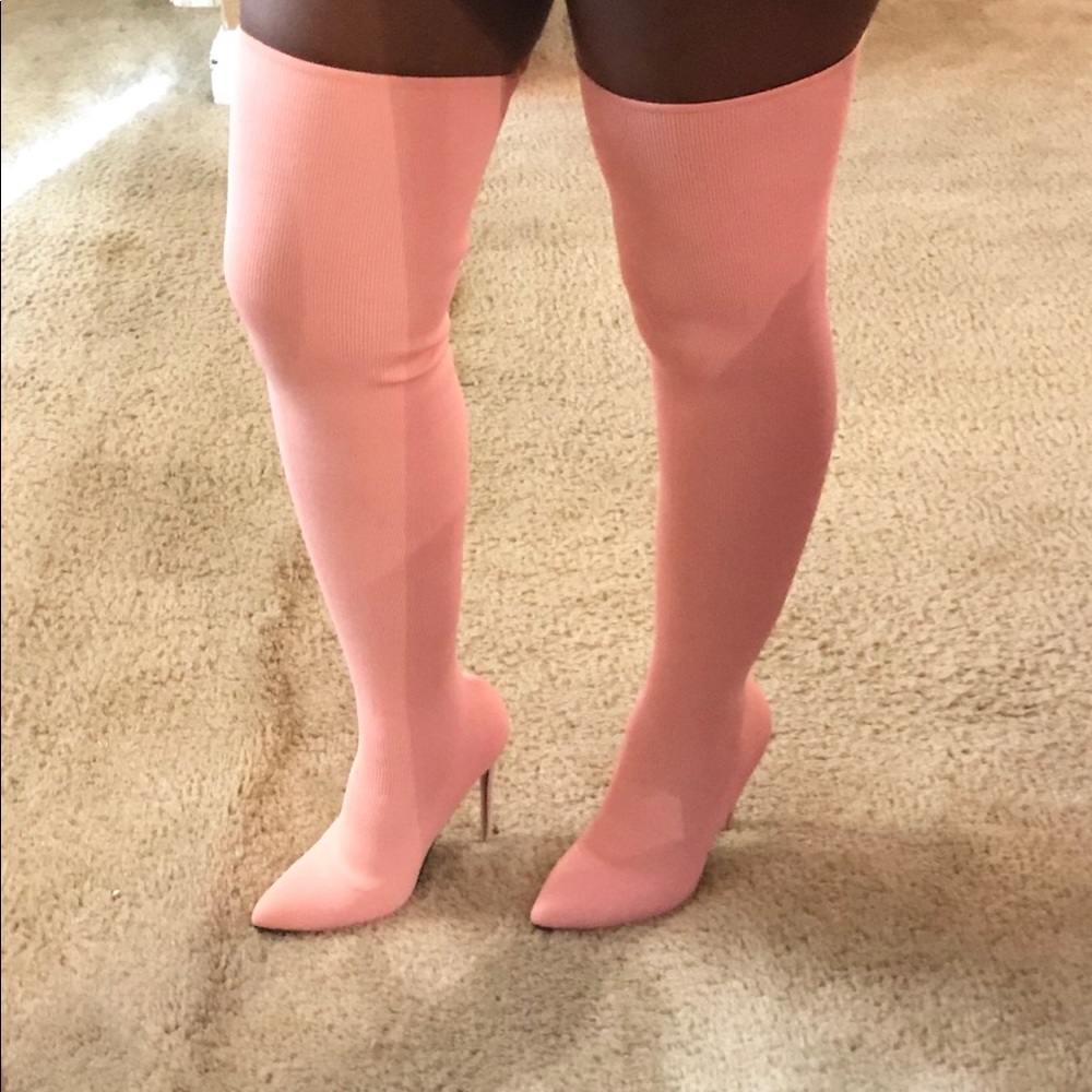 Pink Thigh High, Pointed Toe Heel Boots